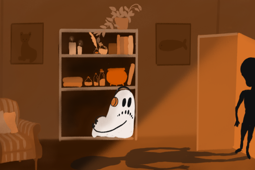 Caster the ghost, wearing headphones, hiding in a crouched position on the bottom shelf of a bookcase in darkness, looking behind at the light falling through the open door revealing the shadow of an alien entity.