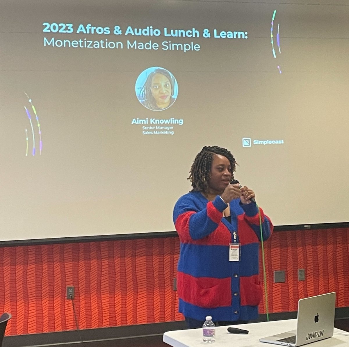 Aimi at Afros & Audio 2023 presenting a talk at the Lunch and Learn about Monetization Made Simple.