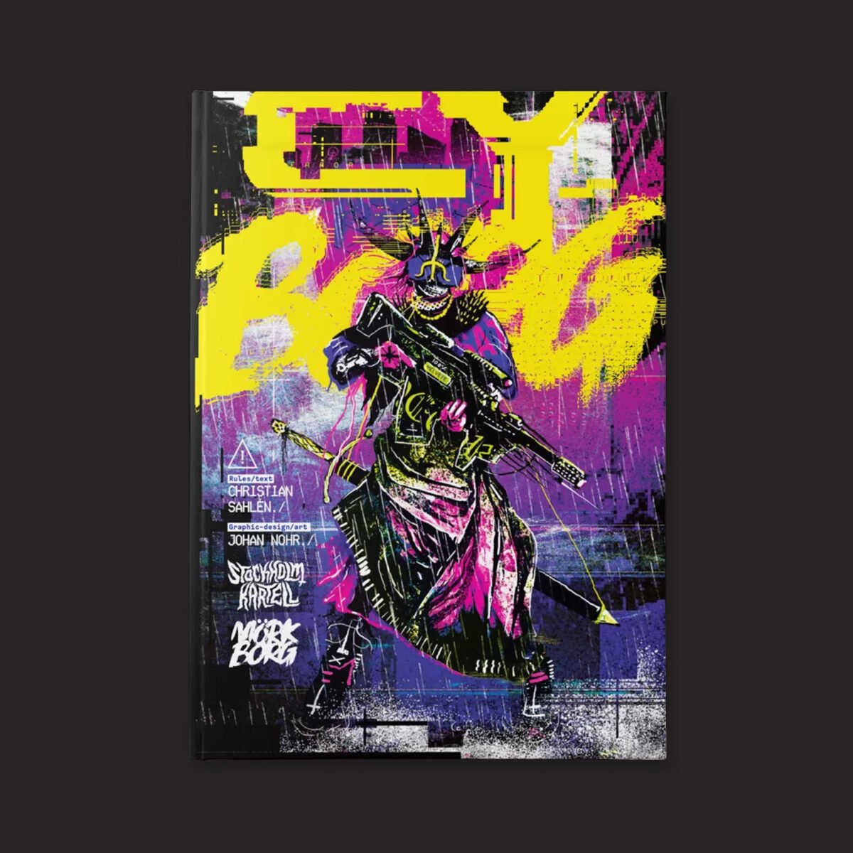 Gritty retro in neon yellow, pink, purple, and black, with a character wearing a sword and punk leather outfit, holding a gun,