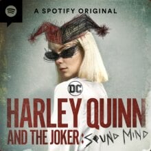 Harley Quinn and the Joke: Sound Mind art. Ricci as Quinn looking back at the viewer, with a jester cap and sharp sunglasses sketched onto her head.