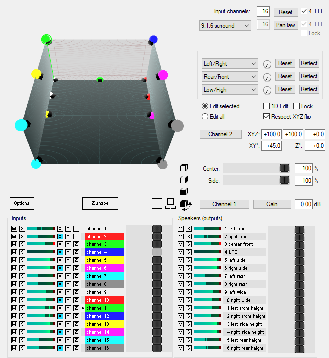 ReaSurroundPan, which shows a 3D rendering of a room with a lot of colored dots on the edges and corners. It is very complicated; I do not know what is happening here.