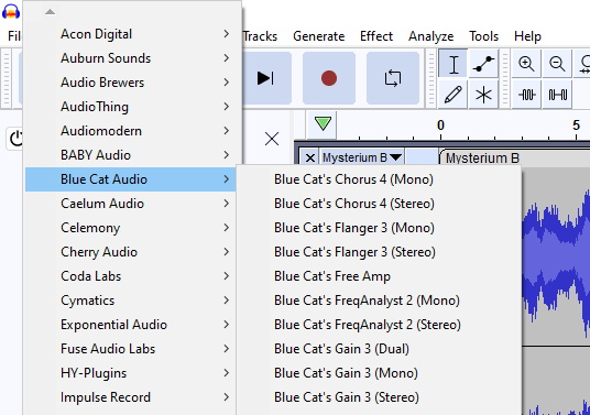 A list of plugin publishers and a plugin submenu for Blue Cat Audio