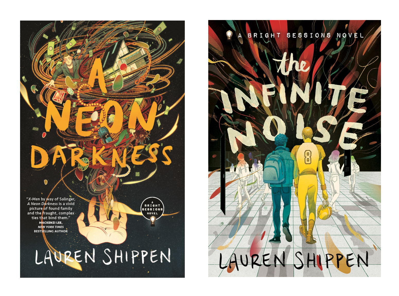 Two of Lauren Shippen's book covers for the Bright Sessions novels, "The Infinite Noise" and "A Neon Darkness". Infinite Noise features two characters, a football player (Caleb) in yellow and a young man with a backpack (Adam) in blue walking down a school hallway with other highs schoolers walking away from them, each in white with their own color around their head. The tile floor has some shadow shapes in colors, reflecting a ceiling of noisy colors against black in streams, ribbons, and round shapes. A Neon Darkness has a black, faintly starry background, with a floating hand in at the bottom. The hand is open, palm up, releasing a tornado of color. Within the tornado is a young man and a house, wrapped in a chain, as well as pearls, a car, jewels, money, and two femme characters near the bottom.