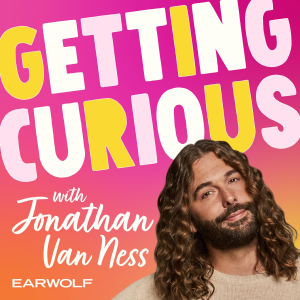 Third iteration: This cover art is much brighter and sunnier, now in a gradient of pink, orange, and yellow. Jonathan is looking straight at the camera, head tilted, with curly hair. The Earwolf brand is in the bottom left corner.