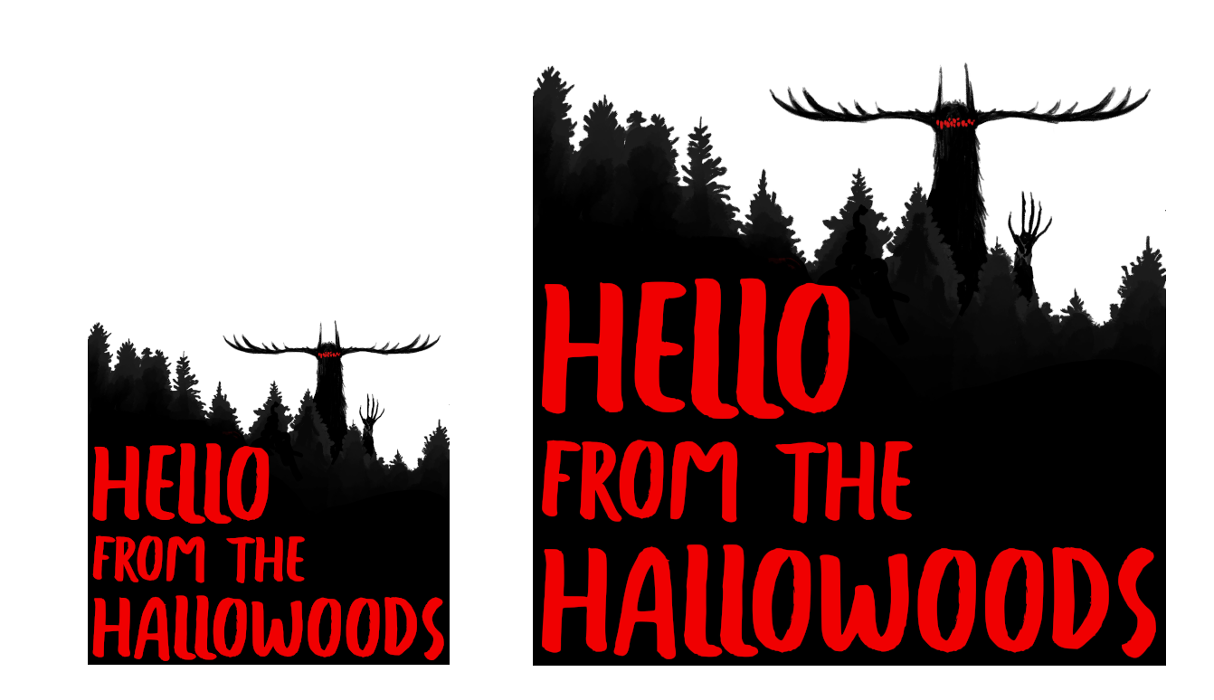 The cover art for "Hello from the Hallowoods" in a small and large size, clearly comprehensible and readable in both. The background features a white sky and the silhouette of a tall forest heading diagonally down the image from left to right, as though going down a mountain. Standing far above the trees is the black shadow of a strange, horrific cryptid with elongated horns sticking out at either side horizontally, a very long furry neck, and several dozen tiny red dots like a million eyes. It is raising a hand with long thin figures above the trees, like saying hello. The title is in brilliant red against the black silhouette.