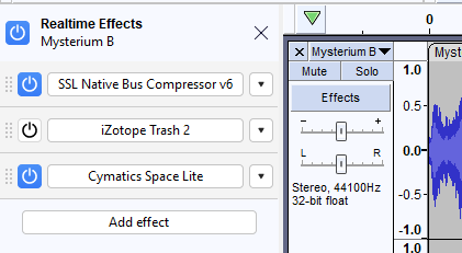 Three effects in the effects rack; effects one and three have a blue power button next to them indicating they are active