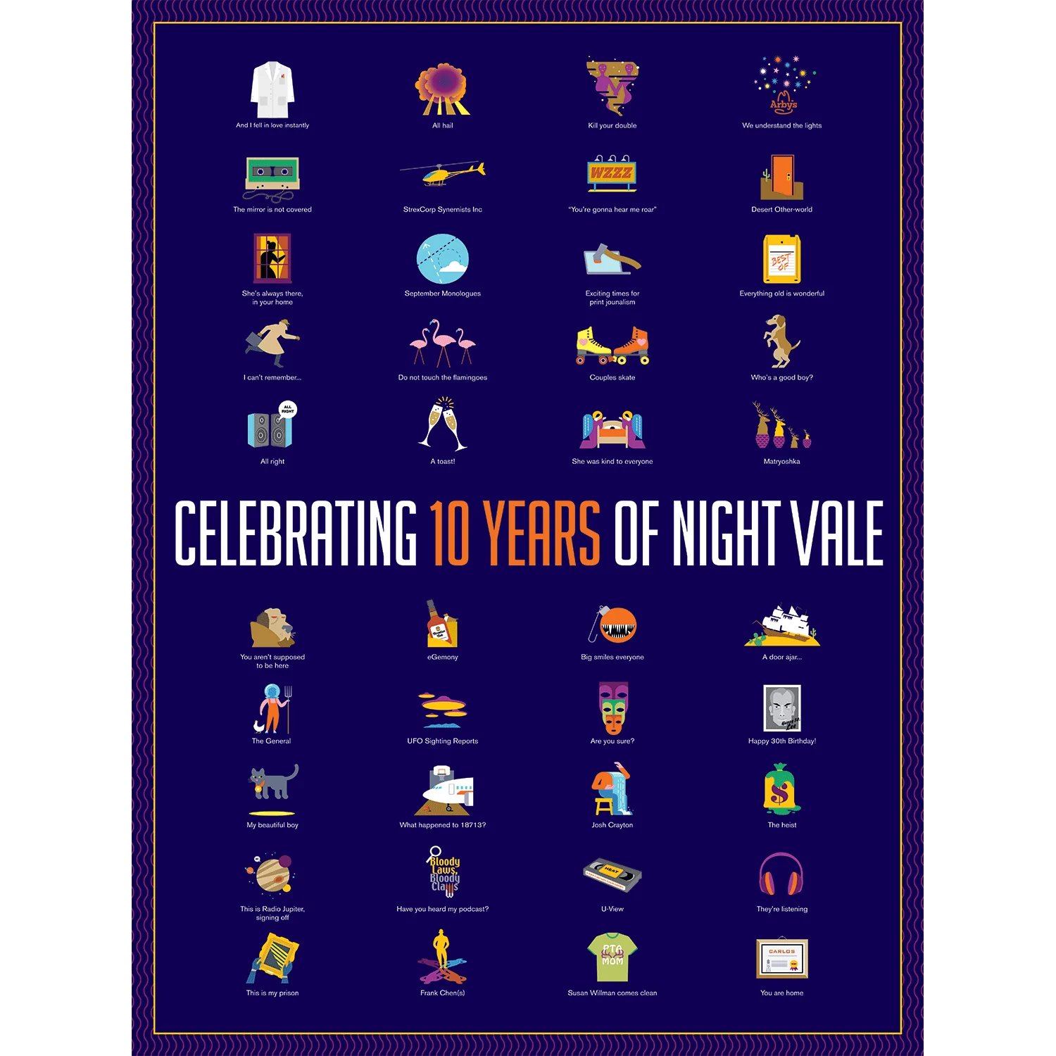 Poster celebrating 10 years of Night Vale. ON it are 36 minimalist icons and graphics with small descriptions of highlights of the past ten years, in including "Are you sure?" and "Do not touch the flamingoes".