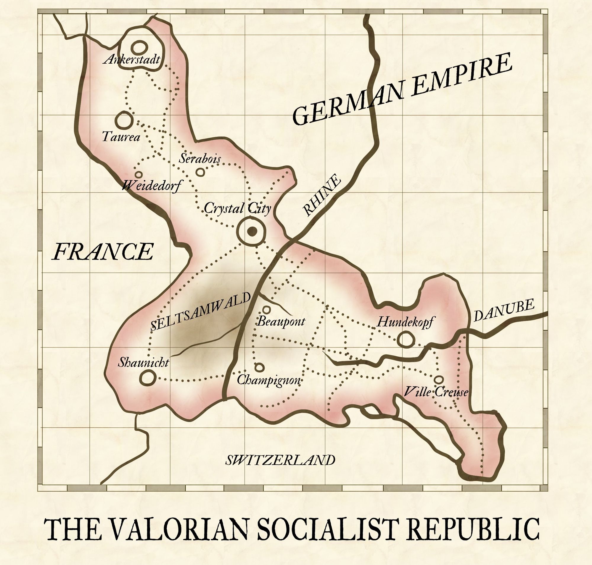 Map of the Valorian Socialist Republic. It is a small swatch of land in between France, the German Empire, and Switzerland. Its capital is Crystal City and both the Rhine and the Danube run through it. Other cities:  Ankerstadt, Taurea, Weidedorf, Serabois, Shaunicht, Champignon, Beaupont, Hundekopf, Ville Creuse. One patch of brown land next to Shaunicht is labeled Seltsamwald.