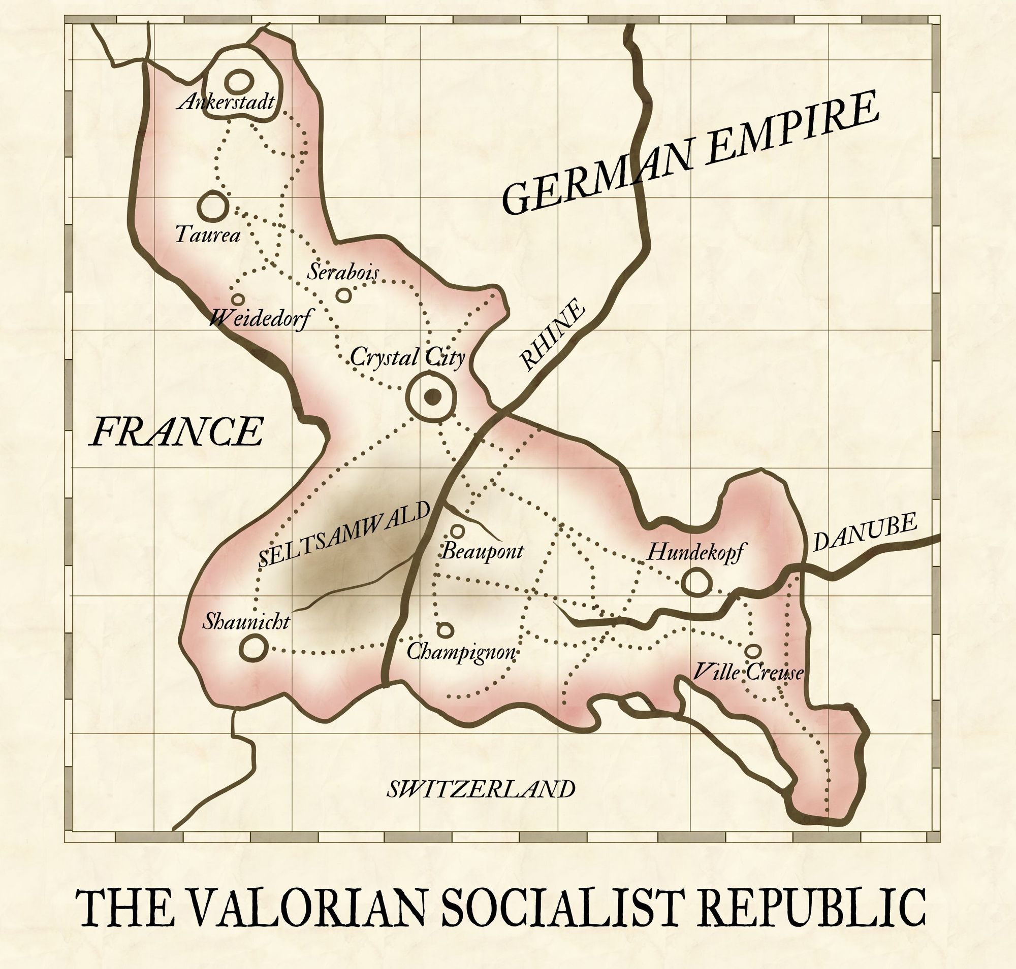 Map of the Valorian Socialist Republic. It is a small swatch of land in between France, the German Empire, and Switzerland. Its capital is Crystal City and both the Rhine and the Danube run through it. Other cities: Ankerstadt, Taurea, Weidedorf, Serabois, Shaunicht, Champignon, Beaupont, Hundekopf, Ville Creuse. One patch of brown land next to Shaunicht is labeled Seltsamwald.