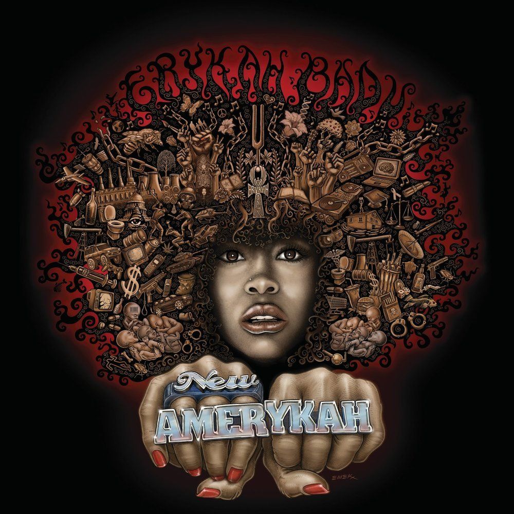 Album cover for New Amerykah. A Black woman looks at the viewer with a stunned, worried, quietly horrified expression, holding her fists out. The title is placed across them. Her afro is a surrealistic kaleidoscope of consumerism and racial injustice, including technology, babies, handcuffs, chains, transportation, fists upraised, syringes, satellites, a policeman beating a man, a house nearly covered in a flood with someone standing on top, and so on. All the colors are black and browns and red along the outside of the afro, like a halo.