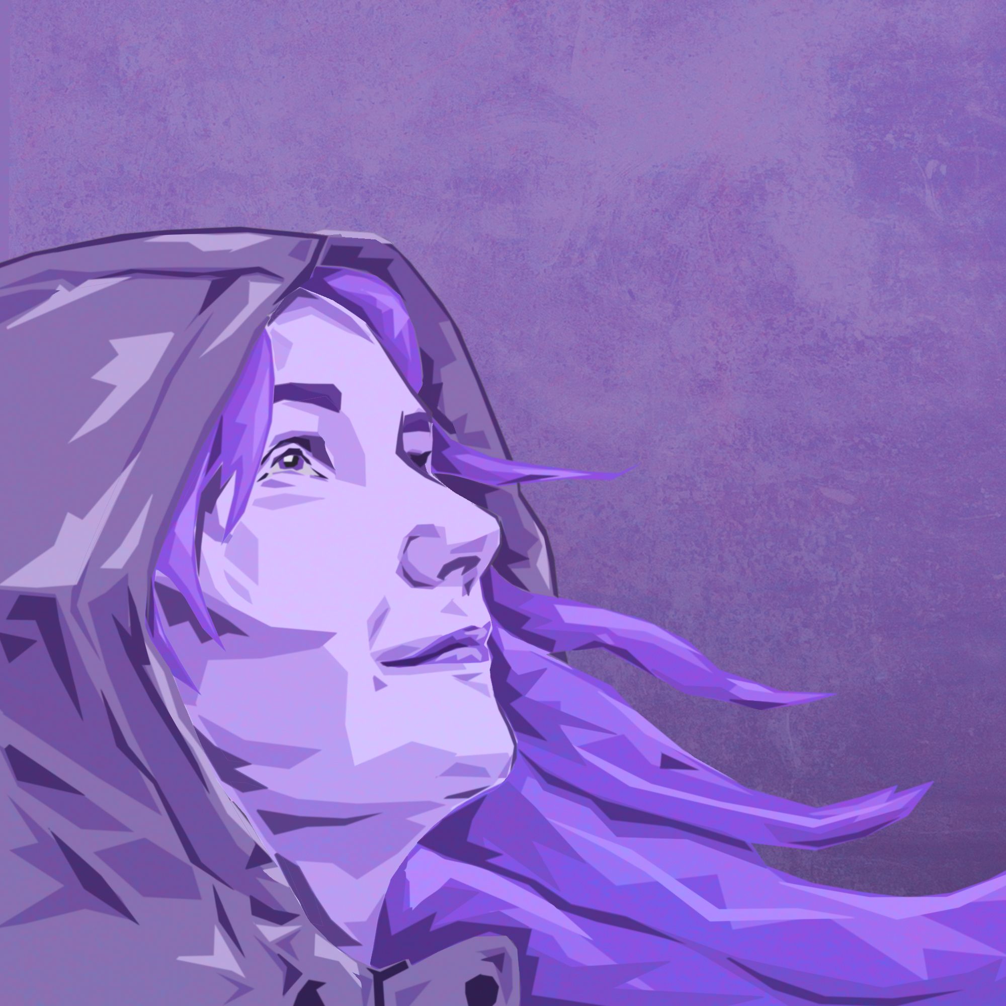 A portrait of Kiri, with long hair and wearing a hoodie, looking upward. The whole painting is done in shades of deep and vibrant purple and gray.