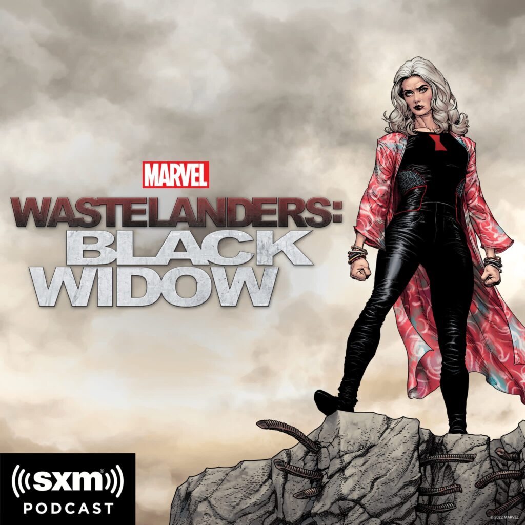 Wastelanders: Black Widow art. Old Black Widow in black leathers and a red flowery muumuu-like overshirt.