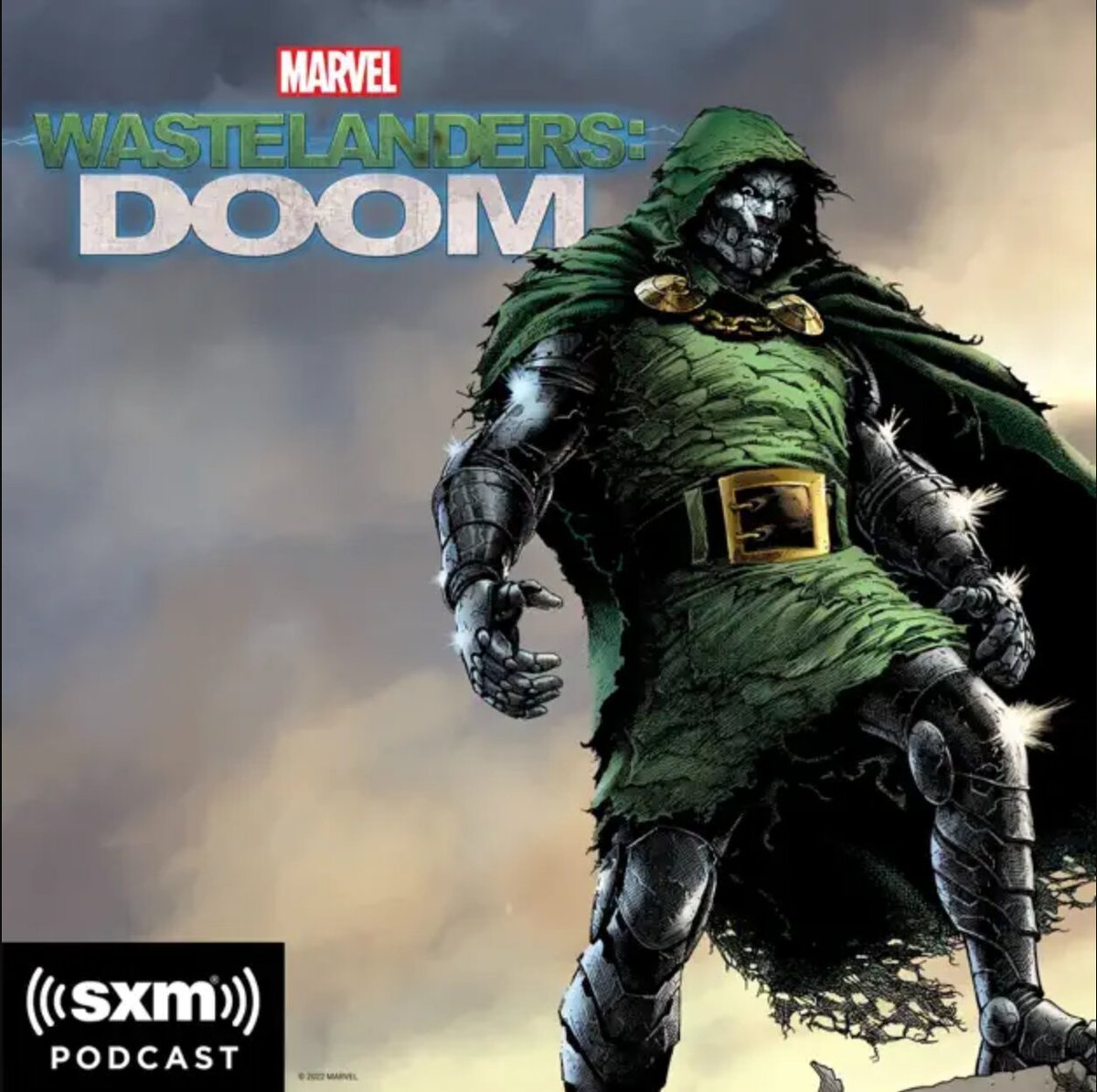 Wastelanders: Doom art. Doctor Doom in green, ragged clothing and worn old metal.