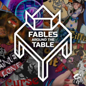 An icon of a table with a dungeon master screen on top of a collage of covers for the podcast's various stories.