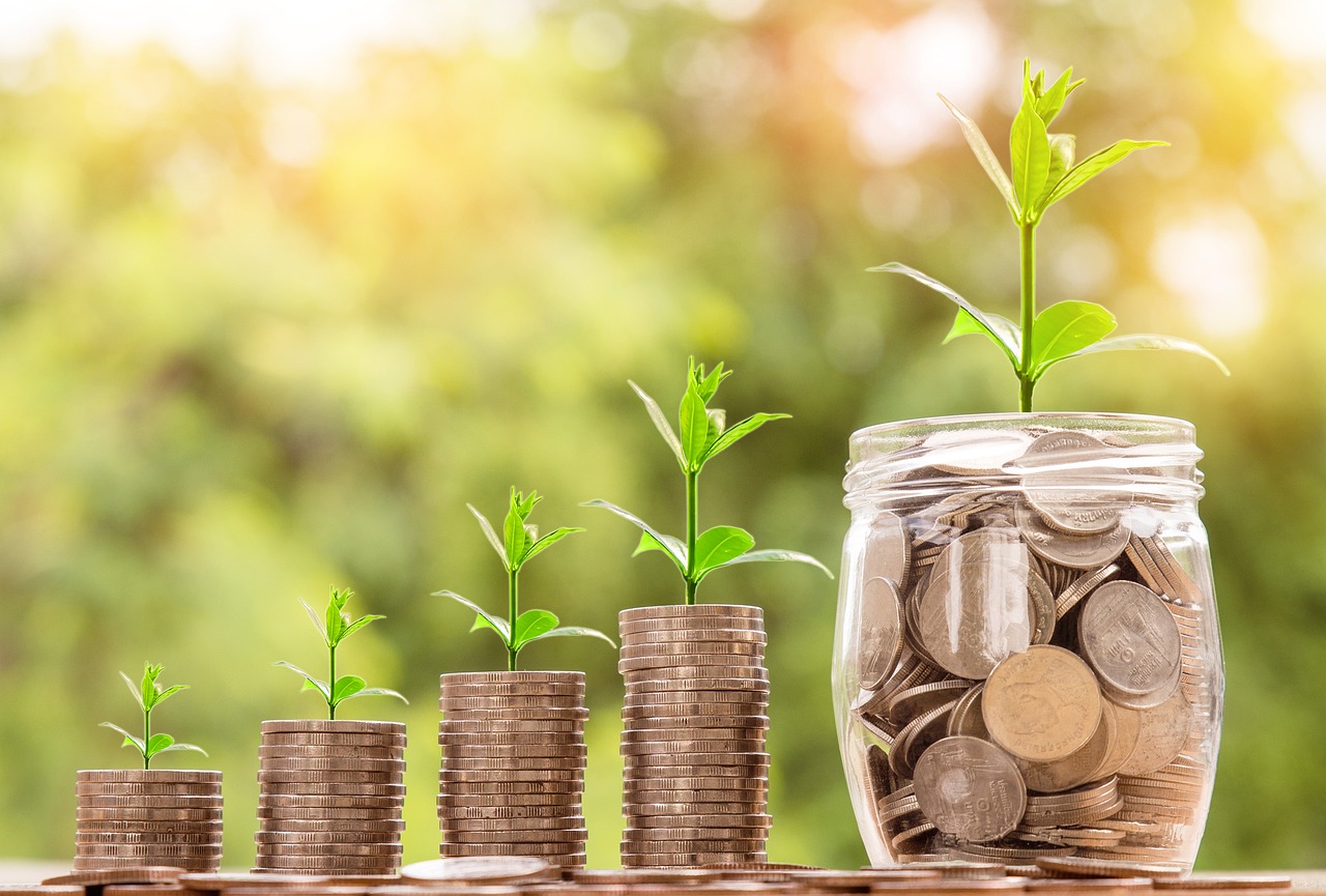 Three increasing stacks of coins with small sprouts shooting off the top, and then a glass jar full of coins, with the tallest sprout sprout coming out