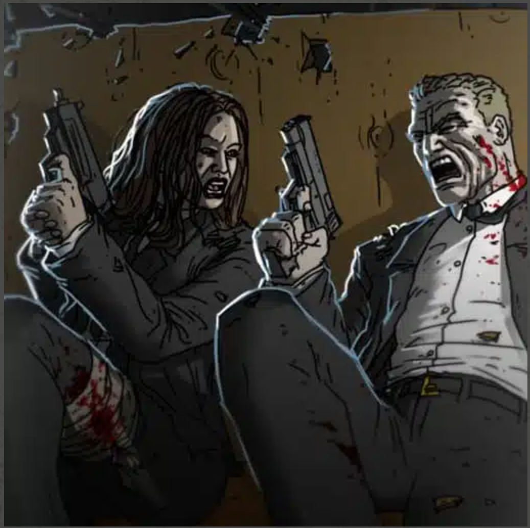 In a gritty pulp comic style, a man and woman in business clothes hold guns in a cramped room, yelling and covered in blood.