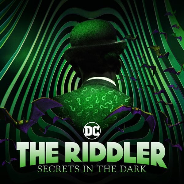 The Riddler: Secrets in the Dark art. The back view of the Riddler in green and purple stripes, with glowing bright green question marks on his suit.