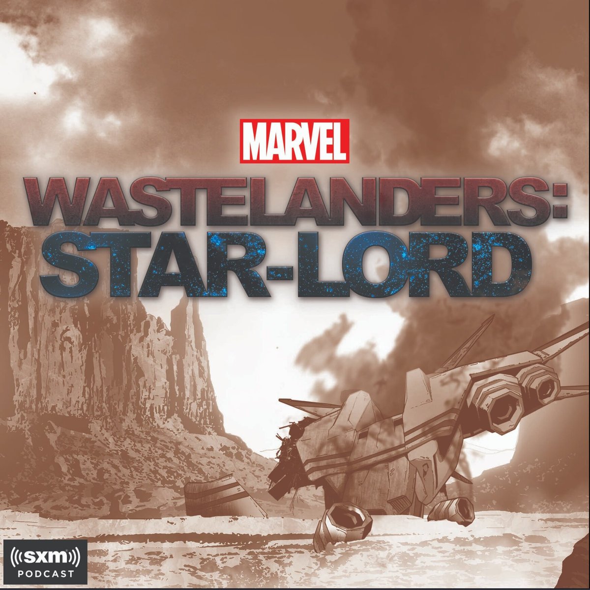 Wastelanders: Star-Lord art. A ship crash landing in sepia.