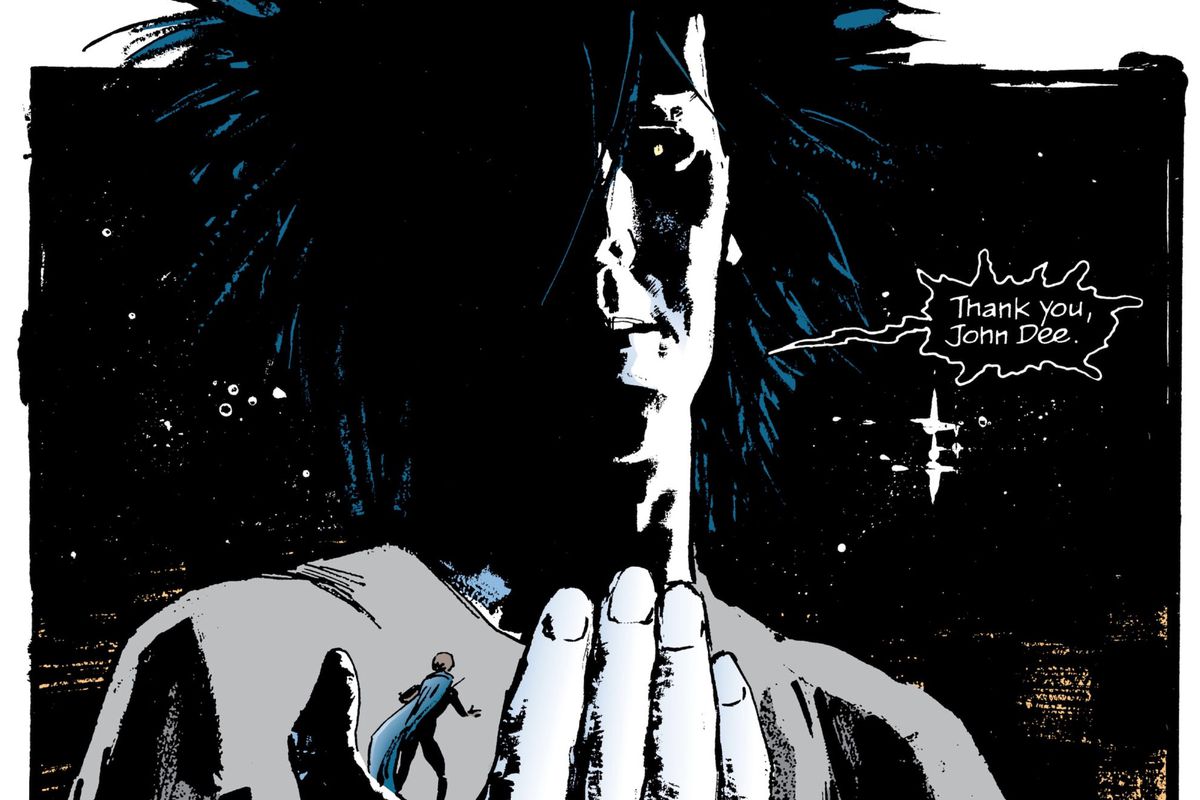 Iconic Sandman comic panel from "Sound of Fury". Morpheus, as an enormous titan, holding John Dee in the palm of his hand, says: "Thank you, John Dee."