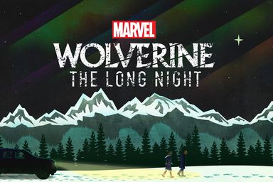 Wolverine: The Long Night art. Two shadows trekking across a snowy mountain landscape.