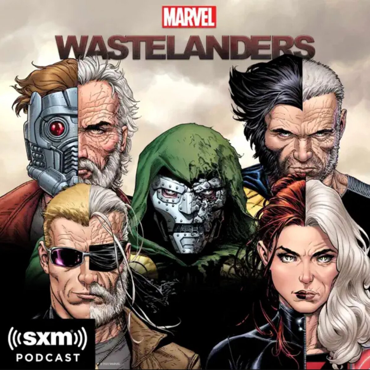 The Wastelanders, featuring Wolverine, Black Widow, Hawkeye, Doctor Doom, and Star-Lord. All their faces are split in half, showing their young and old selves on either side.