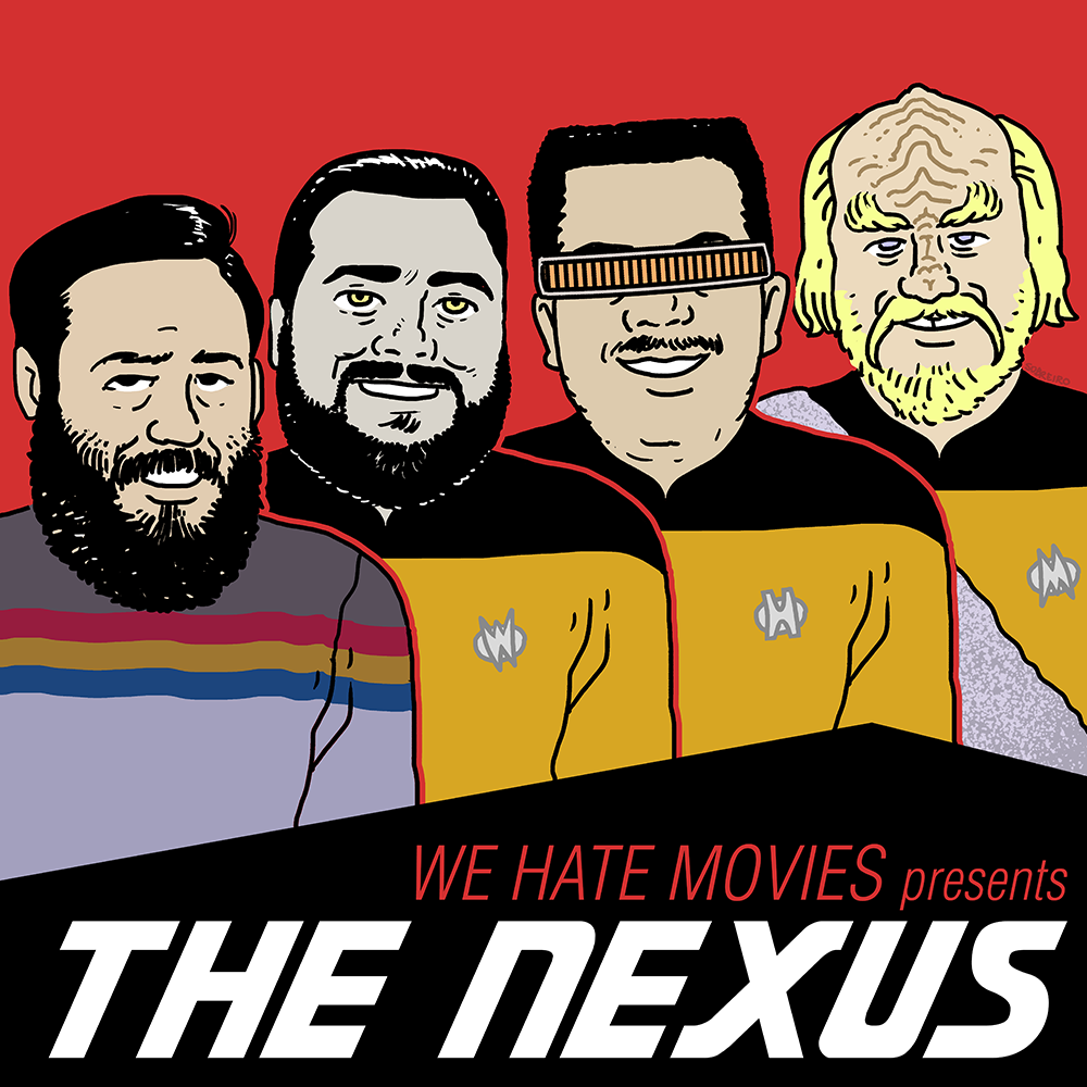 WHM's The Nexus cover art: the 4 hosts, 3 dressed as Star Trek command characters (Geordi, Worf, and Data) with W, H, and M in the place of each of the Star Fleet symbol, and one in Wesley Crusher's rainbow striped sweater.