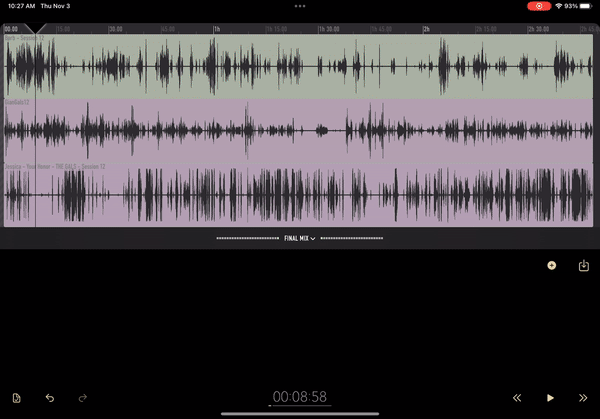 A GIF displaying the selection of three audio tracks in a project, stripping silence on each one, and then tightening all the clips in the project to remove dead space