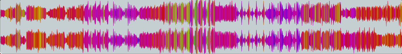 A very long audio file in reds and purples that shows a lot of peaks and valleys of loudness.