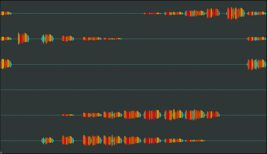 Thin teal horizontal lines on a black background. Each lines has a very colorful waveform at different points.