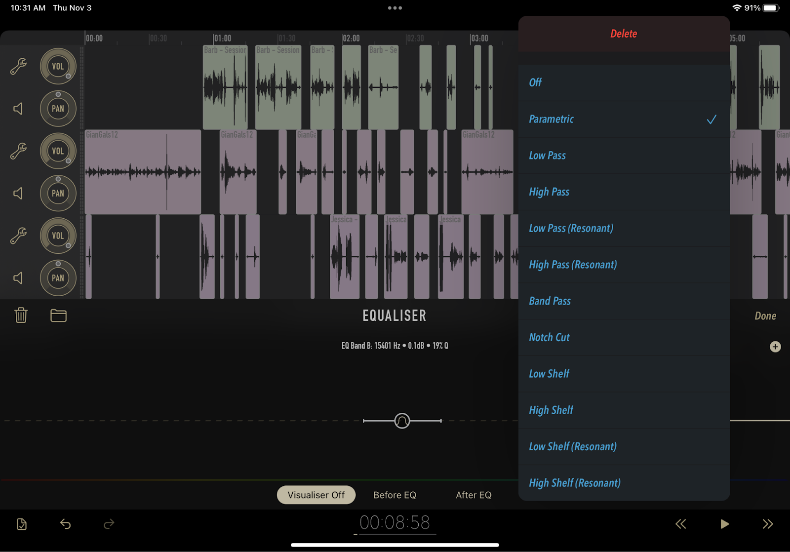 Ferrite’s Equaliser screen featuring a host of EQ options including Parametric, Low Pass, High Pass, Low Pass (Resonant), High Pass (Resonant), Band Pass, Notch Cut, Low Shelf, High Shelf, Low Shelf (Resonant), and High Shelf (Resonant)