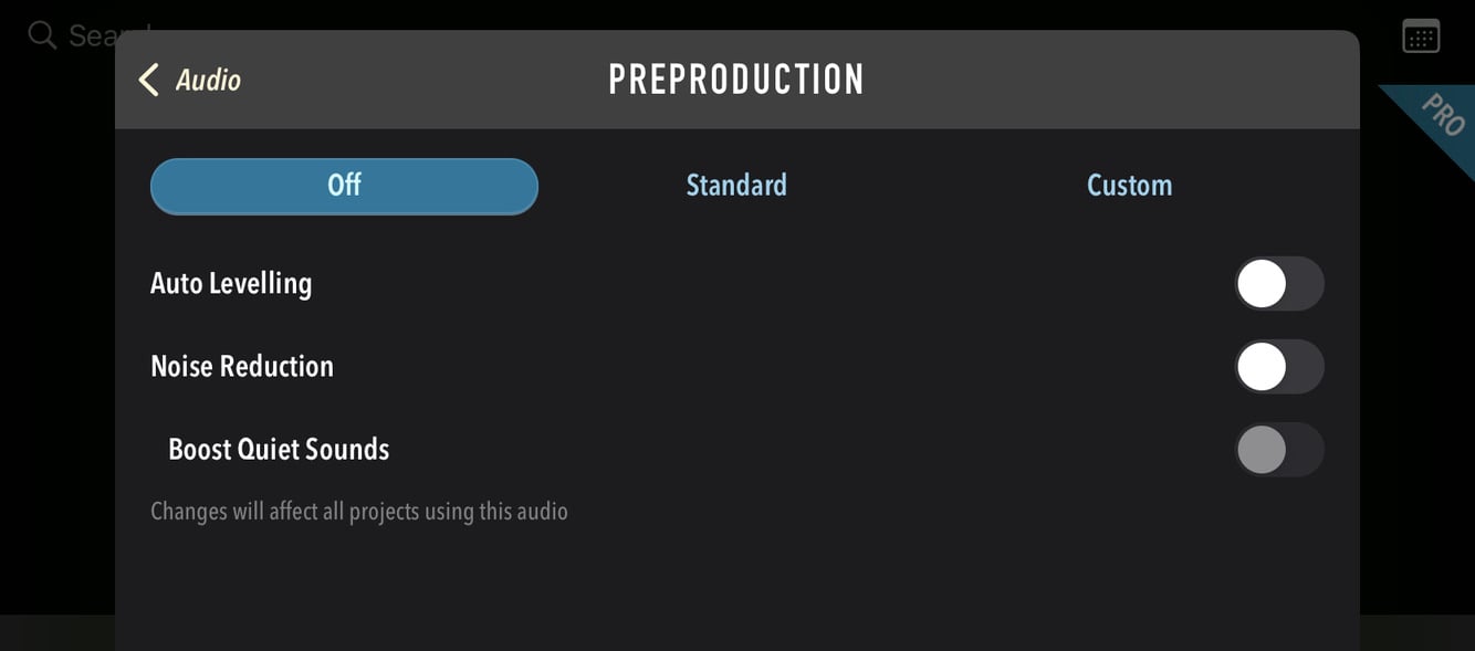 Ferrite’s “Pre Production” settings screen for an audio file containing toggles for Auto Levelling, Noise Reduction, and Boost Quiet Sounds (as well as preset combinations labeled “Off”, “Standard”, and “Custom” up top)