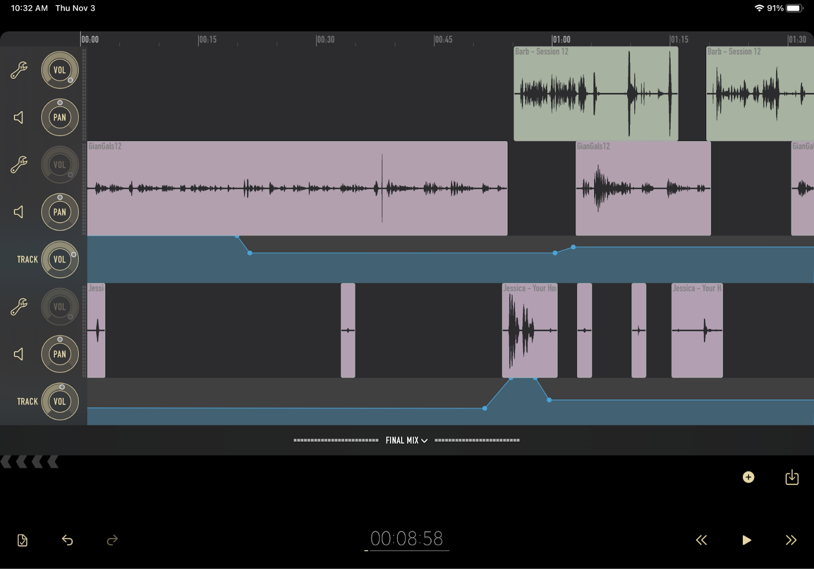 A three track project in Ferrite with each track containing a number of clips. At the bottom of each track is a volume automation track with keyframes set to lower or raise the volume for the track.