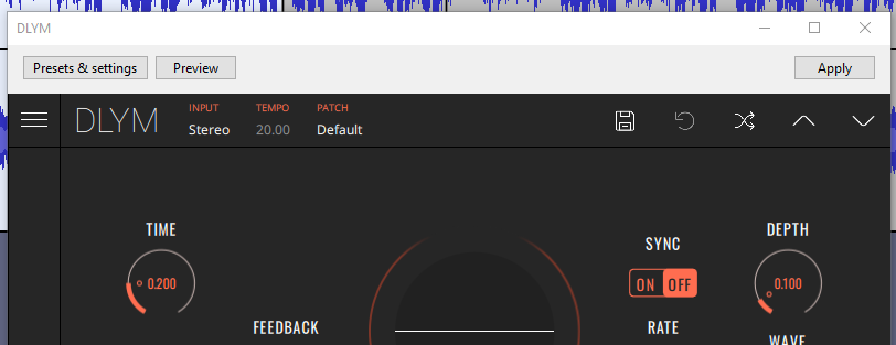 a baked in effect window displaying Audacity generated buttons for “Presets and Settings,” “Preview,” and “Apply”