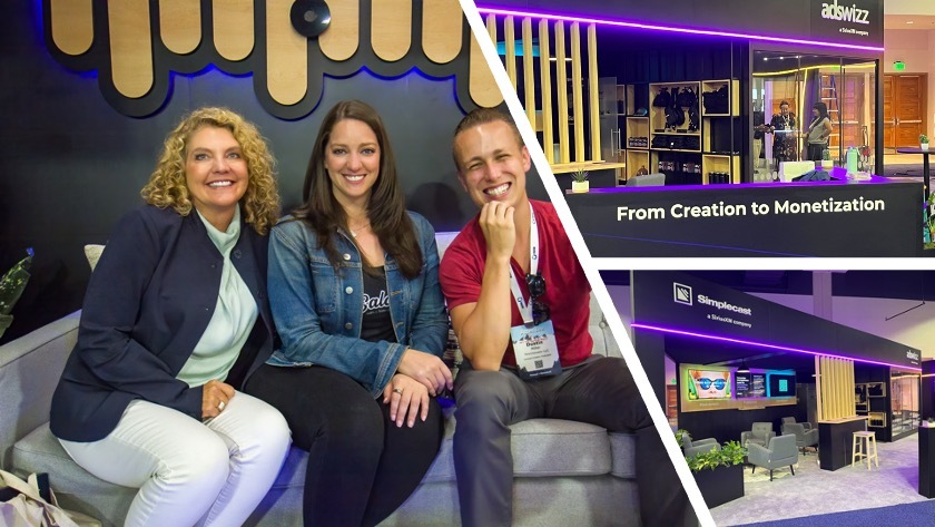 A 3-photo collage of Jenn and Traci in the booth with a client, and two photos of the AdWizz and Simplecast booth.