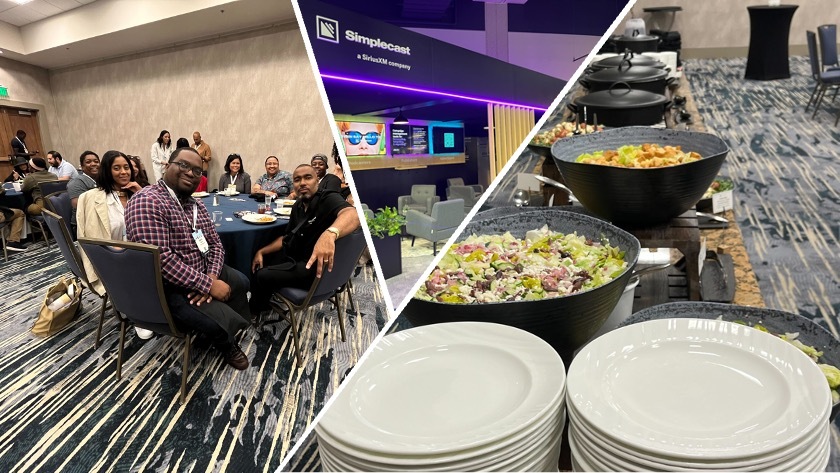 Photos of the luncheon salad bar, the Simplecast booth, and a group shot of attendees in a collage