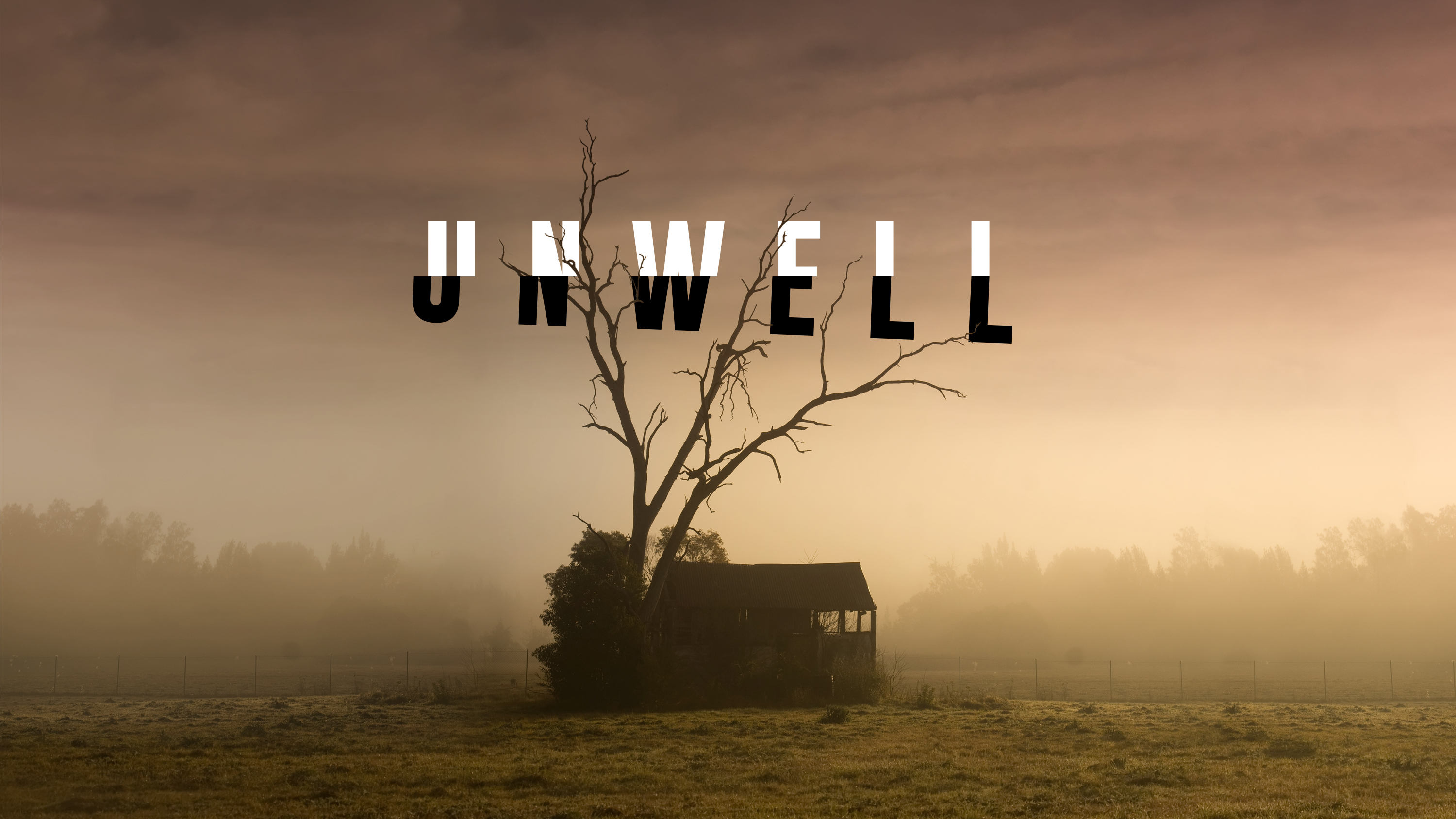 Unwell cover art, a lonely dark house in the middle of nowhere with a tall dead tree outside, surrounded by a smoggy yellow.