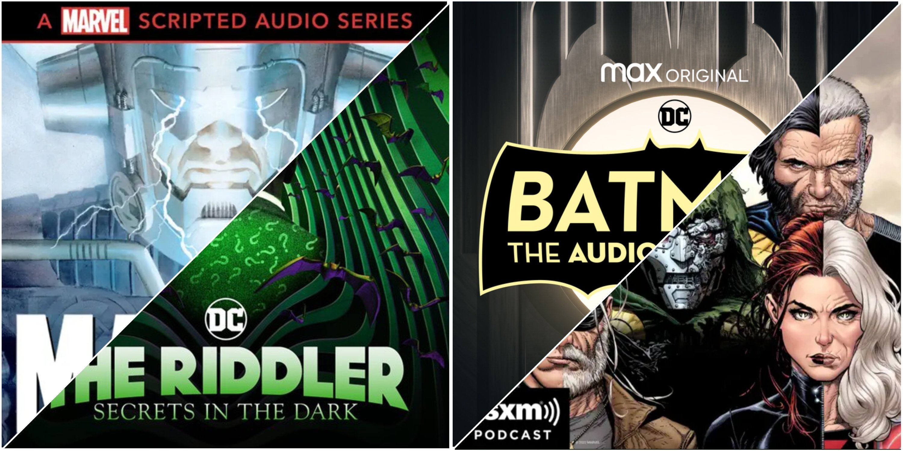 Cover art of some of the Marvel and DC podcasts, set against each other in a horizontal lightning strike to emulate the sensation of a face-off. Includes the covers for MARVELS (2020), The Riddler (2023), Batman: The Audio Adventures (2021), and The Wastelanders (2021).