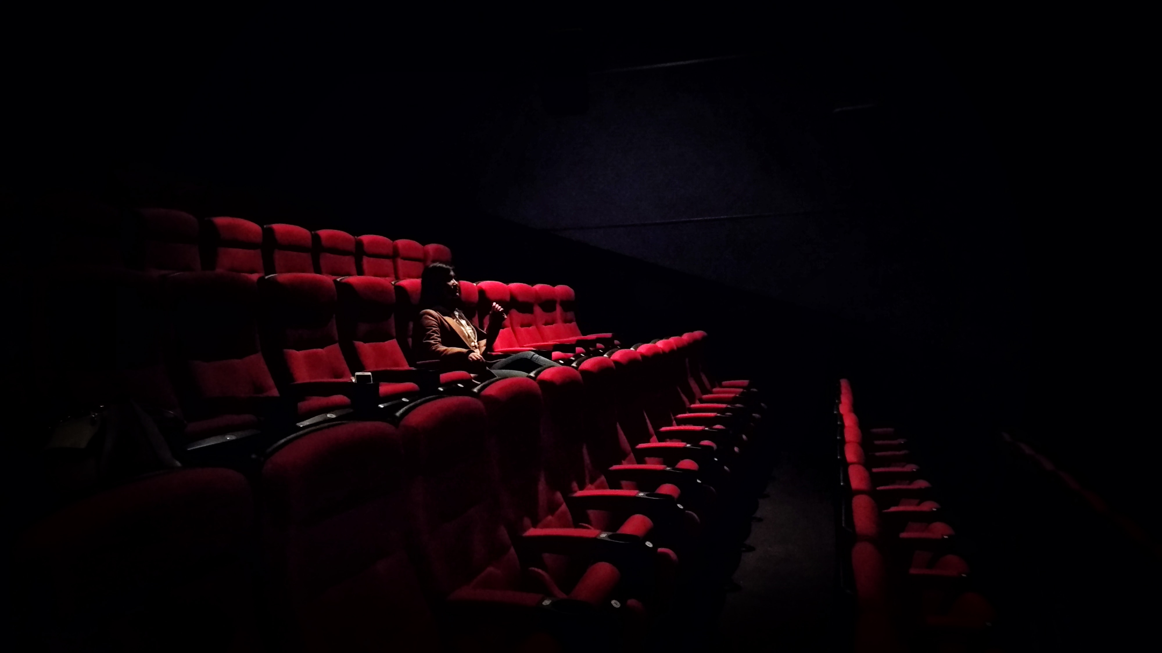 Several rows of theater seats, with only one person sitting in one chair.