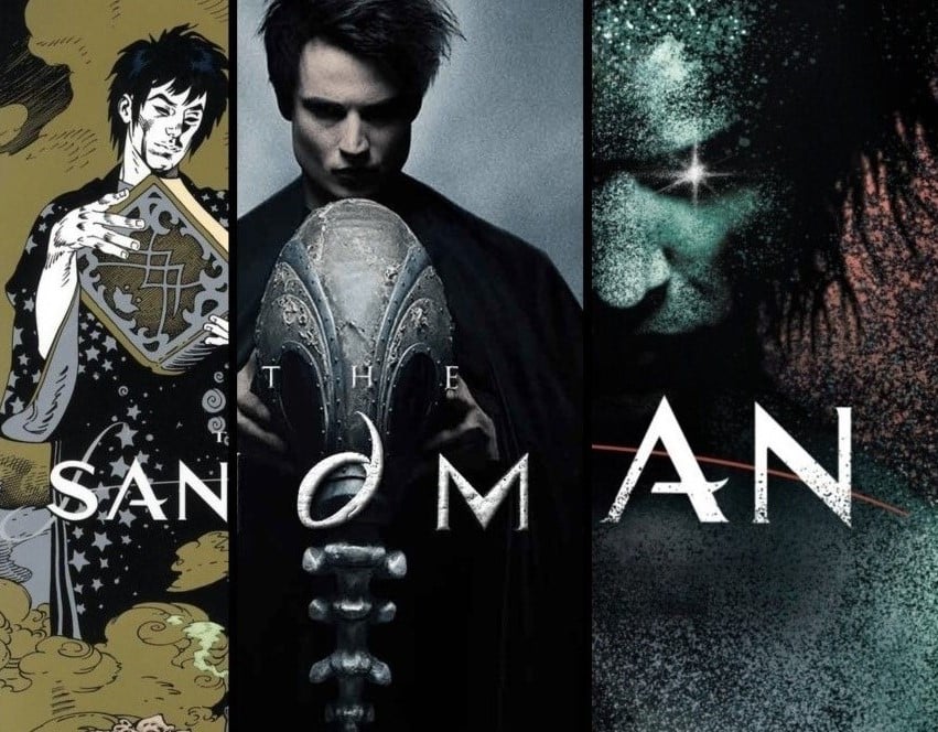 A triptych of the three media formats of Sandman: A comic book cover of Morpheus reading a large book, the promotional poster for Netflix's Sandman Season 1 with Morpheus holding his helm (a bizarre gas mask), and the art for the Audible Sandman where Morpheus, made of colorful galaxy sand with half his face visible, looks at the viewer with a single star in his black eye. The three pictures are aligned so that they spell The Sandman across the middle.
